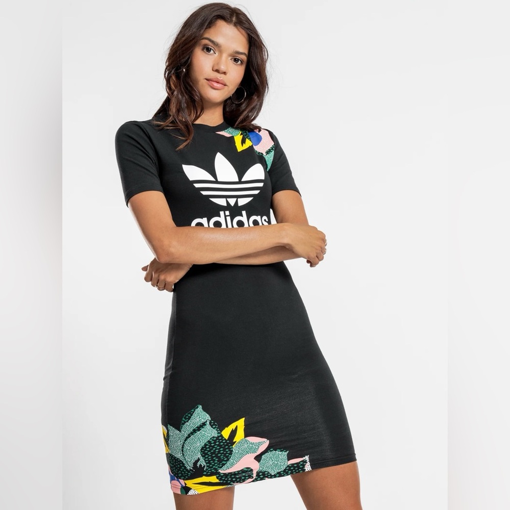 Adidas x Her Studio London Floral Black T-shirt Dress Bodycon